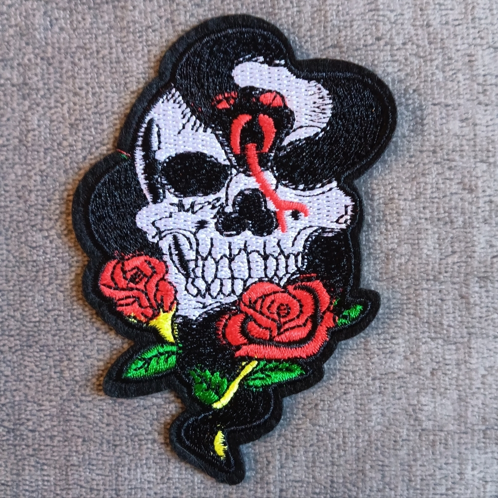 Rockabilly Punk Biker Skull Roses Iron On Embroidered Applique Patch, Bikercore